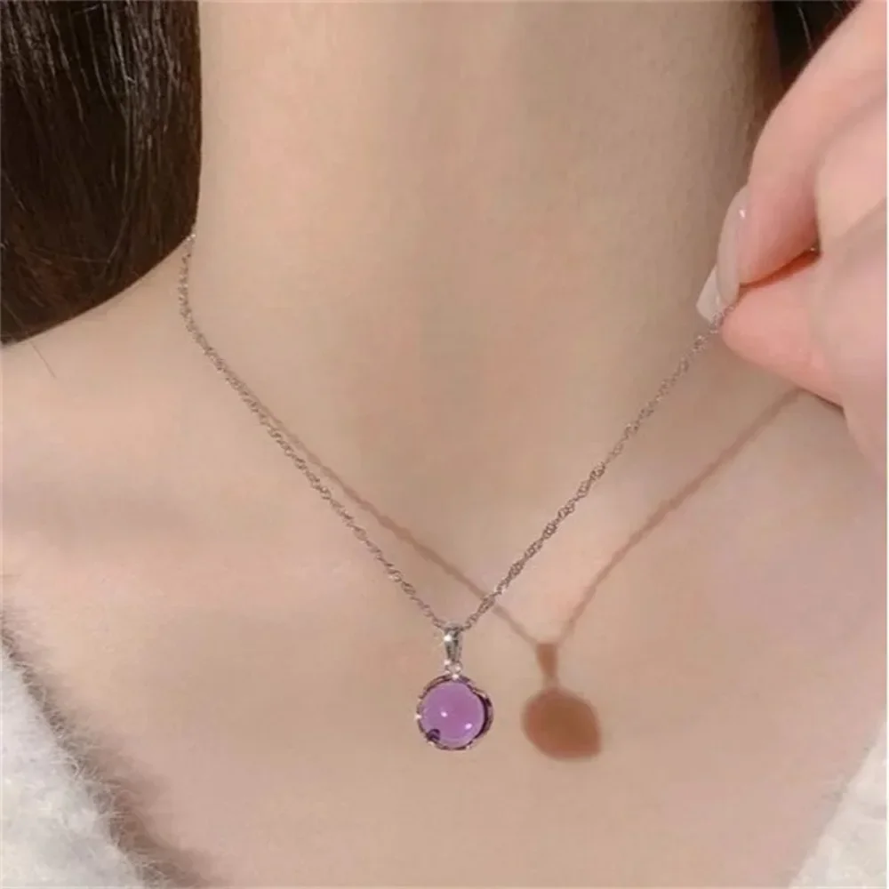 Elegant Simple Purple Round Crystal Pendant Necklace for Women Korean Fashion Girl Shiny Star Clavicle Chain Choker Jewelry Gift