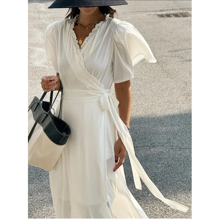 

Chic Spring New Sle Long Dr Women's Korean Sle V-ne Tie Waist Flounce Sve Splice Wood ain Dr