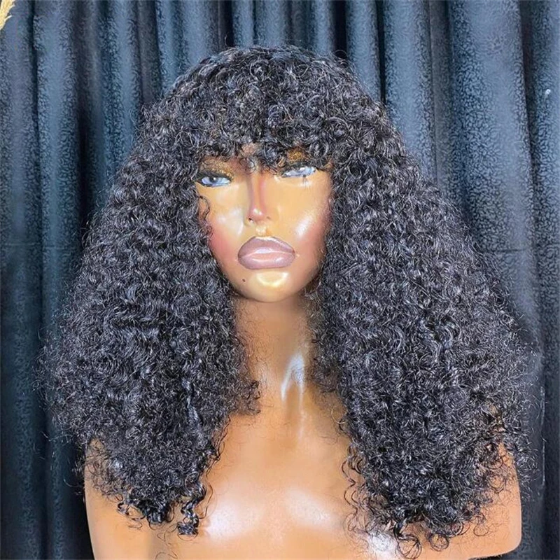 Black Kinky Curly Machine Perucas para mulheres, parte média, pré-arrancadas, sem cola, cabelo do bebê, resistente ao calor, diariamente, 26 ", 180% Densidade