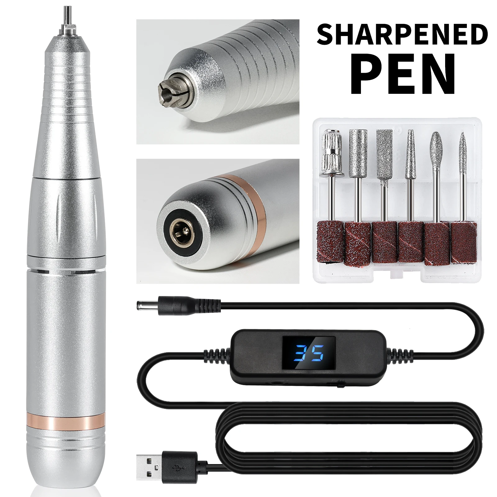 35000RPMネイルドリルペン プロ仕様 低騒音ネイルファイル 速度&方向調整可能 USBポータブル電動ネイルドリルペンツール