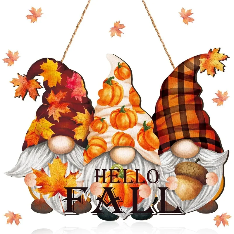 Thanksgiving Gnome Welcome Door Sign - Handcrafted Rustic Wood Wreath with Pumpkin & Rope for Fall Farmhouse  Wall Decorations