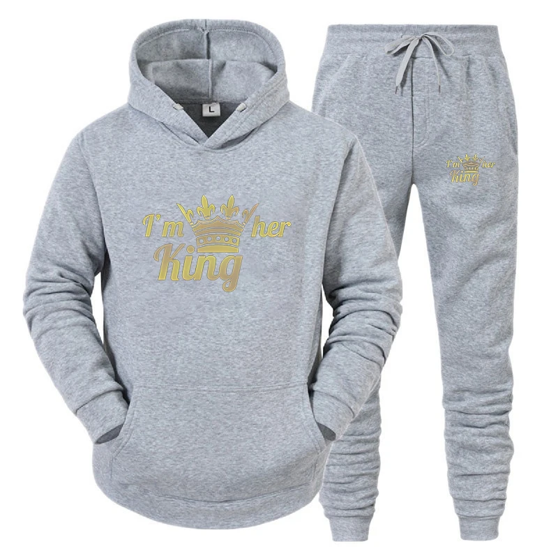 Crown KING QUEEN Print Men/Women Tracksuit Sets Casual Hoodie And Pants 2pcs Sets Oversized Pullover Lover Couples Sportwear Set