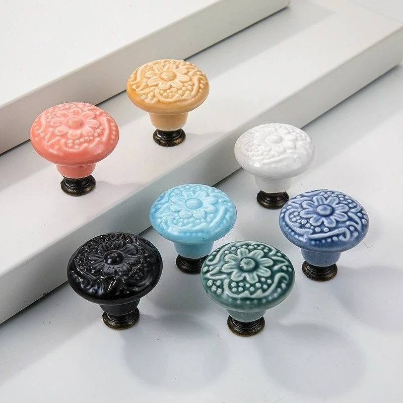 Kids Colorful Floral Ceramic Mushroom Knob Single Hole Cabinet Drawer Wardrobe Handle