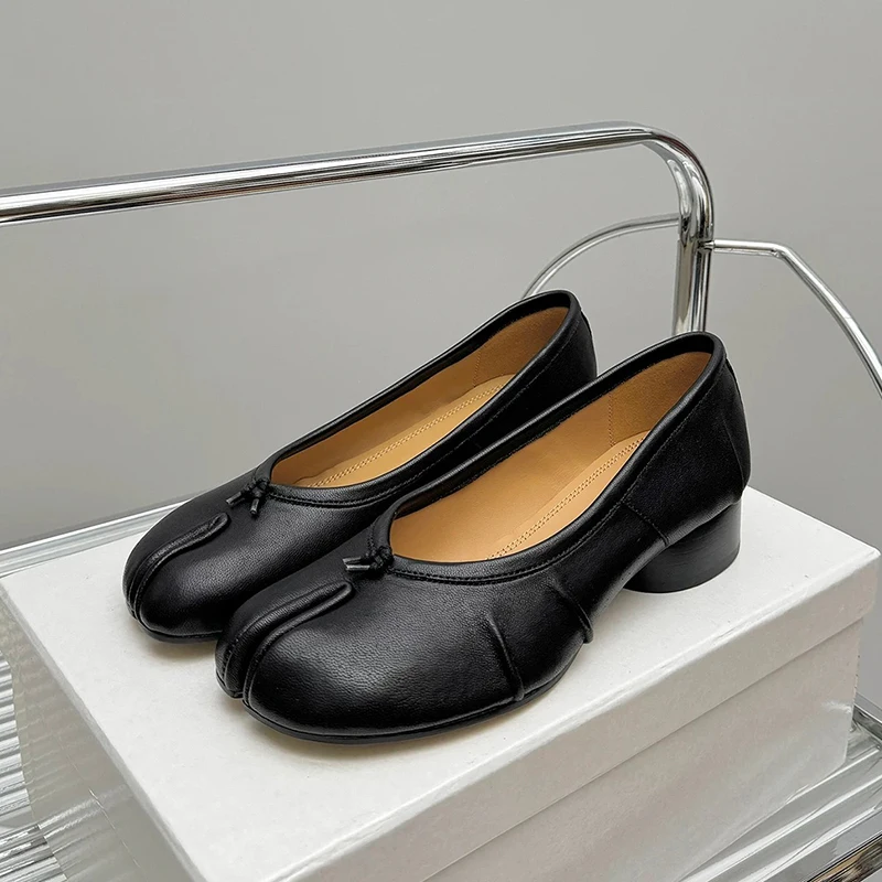 Roundtoe midheel shoes Womens Genuine leather High heels Sheepskin Pleated Tibi splittoe shoes Women Mary Jane shoes Designer image 4