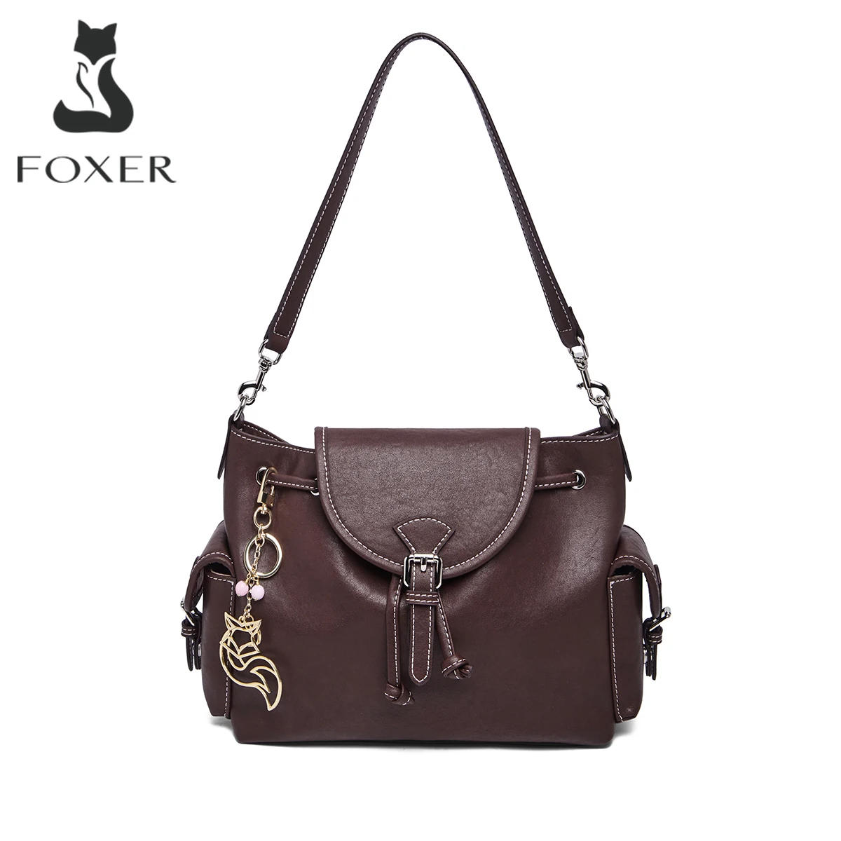 FOXER Vintage Autumn Winter Women Shoulder Bag Luxury Cow Leather Female Crossbody Bag Large Capacity Travel Handbag Purse