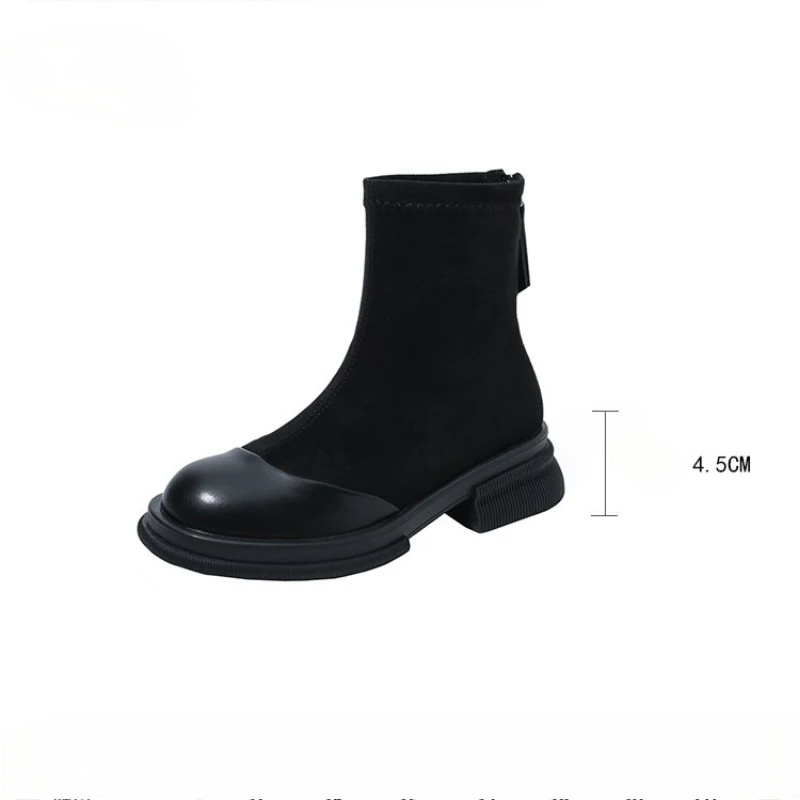 Französische Minimalistische Stretch-Sockenstiefel für Damen, Vintage-Stil mit Runder Spitze, Klobiger Absatz, Modische Stiefeletten, Dezenter Luxus, Mattleder-Knöchelstiefel – Detail 2
