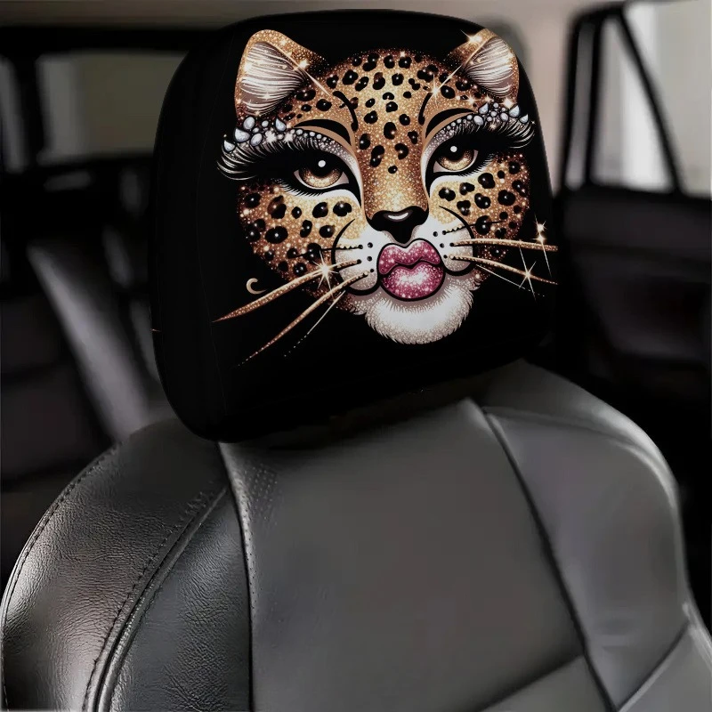 High-End Diamond-Studded Leopard Print Car Headrest Covers, All-Season Universal, Universal Fit Headrest Covers