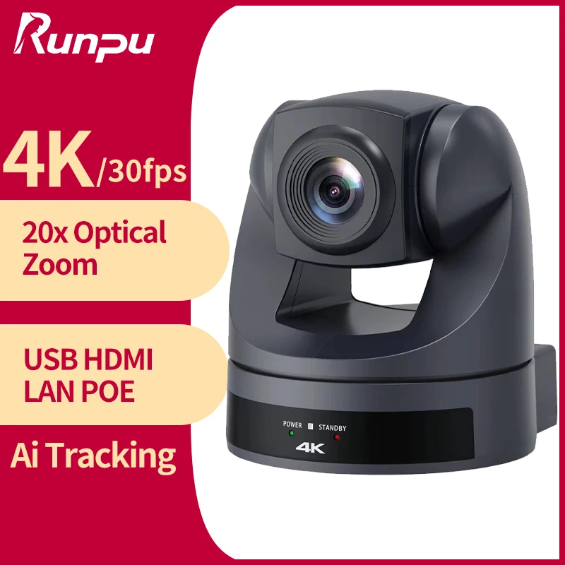 Runpu 4K30fps 20X Optical Zoom AI-Tracking Ptz HDMI Camera LAN POE Live Streaming Broadcast Video Conference System Camera