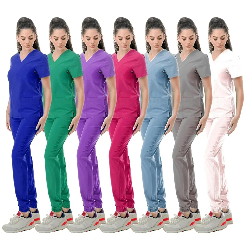 Set di Scrub da donna in due pezzi con scollo a v manica corta pantaloni elastici uniformi mediche durevoli di facile manutenzione per operatori sanitari