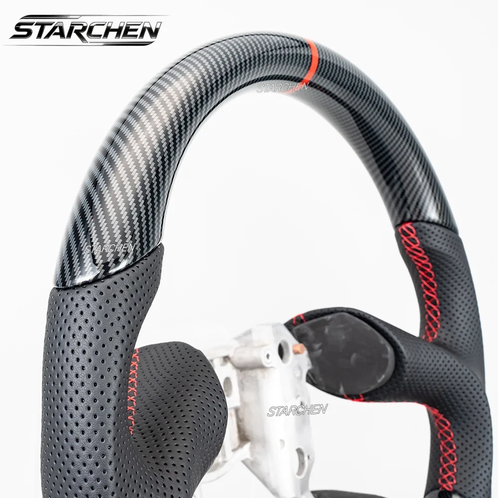 Hydro-Dip Carbon Fiber Steering Wheel For Chevy Corvette C6 4 Spoke 2005 Non-Heated with Perforated Leather Grips Red Stripe and Stitching(C6 4 SPOKE 2005 ONLY) - view 3