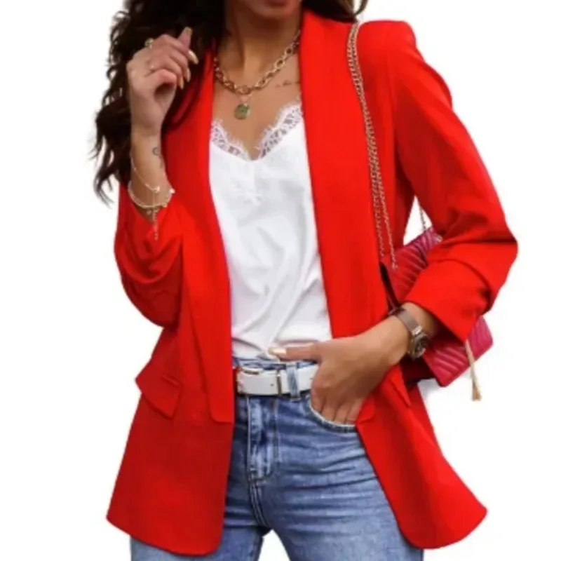 Autumn Women\'s S-XXL Commuting Top Jacket Elegant  Suit Collar Solid Color Top Long Sleeved Temperament Slim Fit Top Jacket