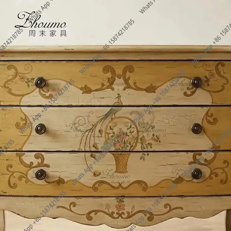 I HFrench Retro Solid Wood Three-bucket Cabinet Antique Master Bedroom Painted Locker Drawer Living Room Decorative Cabinet S