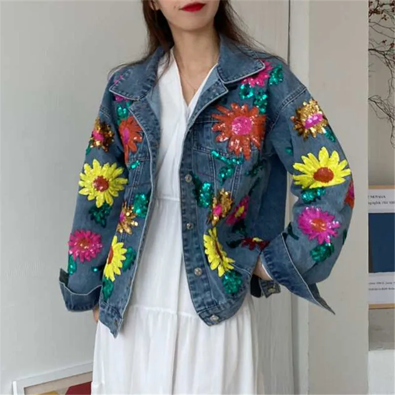 

Harajuku Vintage Washed Blue Denim Jacket Women Autumn Fashion Sequin Flower Casual Loose Lapel Long Sleeve Female Jeans Jacket