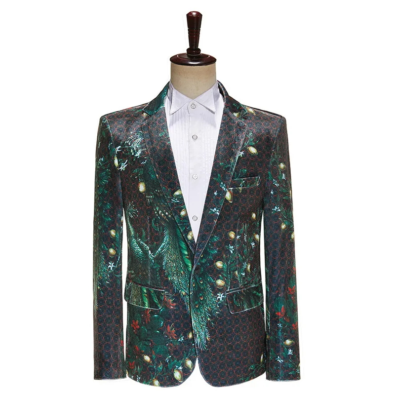 

2024 Men's Photo Studio Photography Stage Host Performance Velveteen Green Peacock Printed blazer