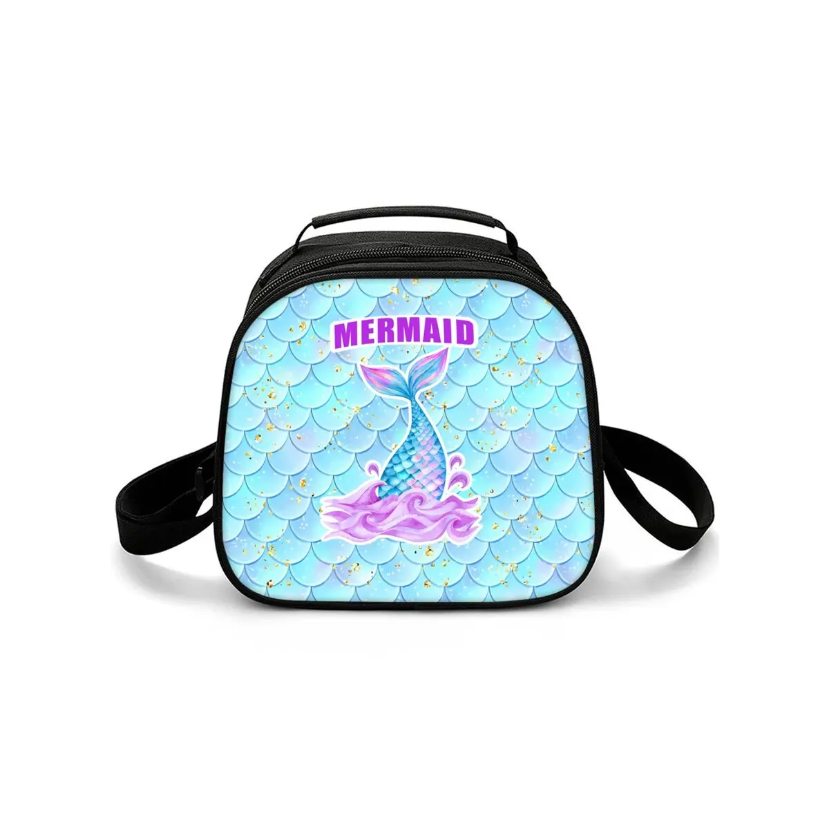 Mermaid Print Single-Sided Shoulder Strap Circular Lunch Bag/Handbag Zipper Portable Travel Food Box Picnic Pouch