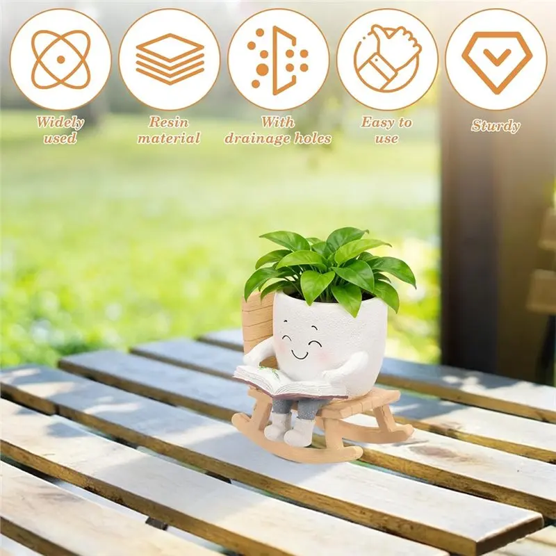 B62B-Cute Smile Face Hanging Planter, Resin Swing Flower Pot With Drainage Hole, Indoor Outdoor Home Garden Decor A