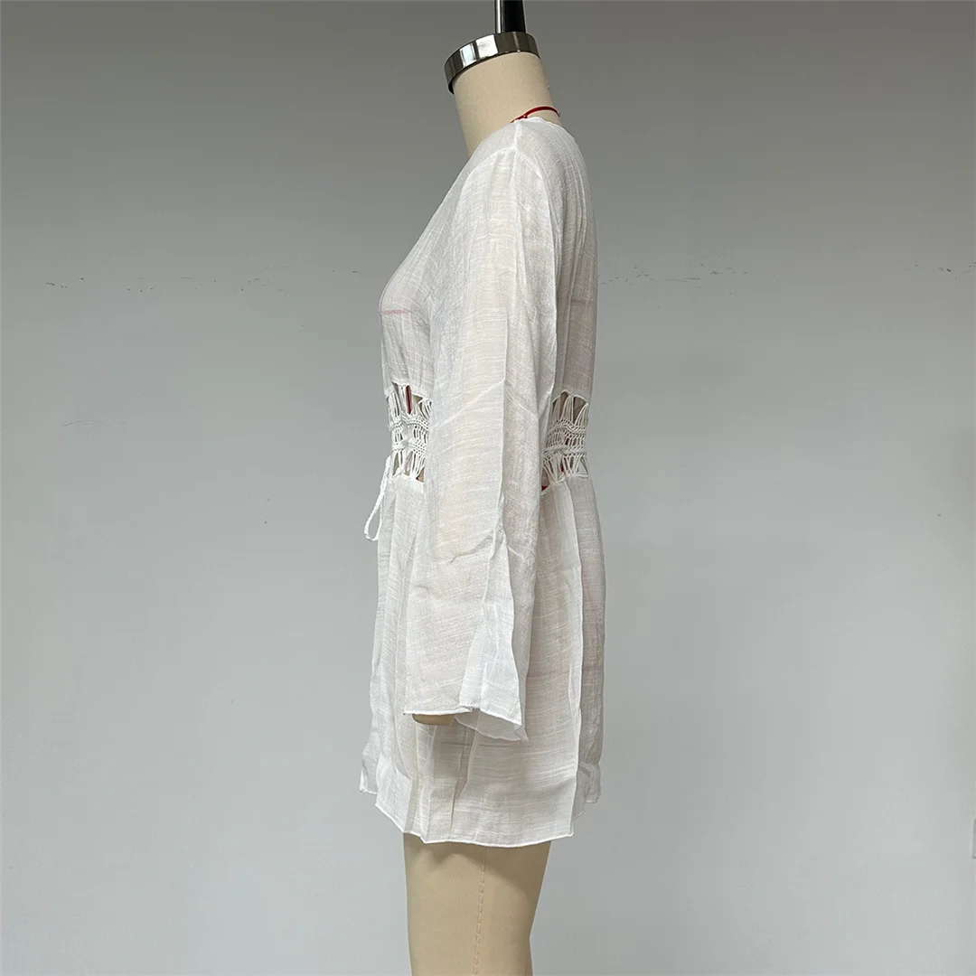 Langärmliges, V-Ausschnitt-Tunika mit Aushöhlungen, gehäkelt, Strickstoff, Strandkleid, Strandmode, Damen, V8544 – Detail 9