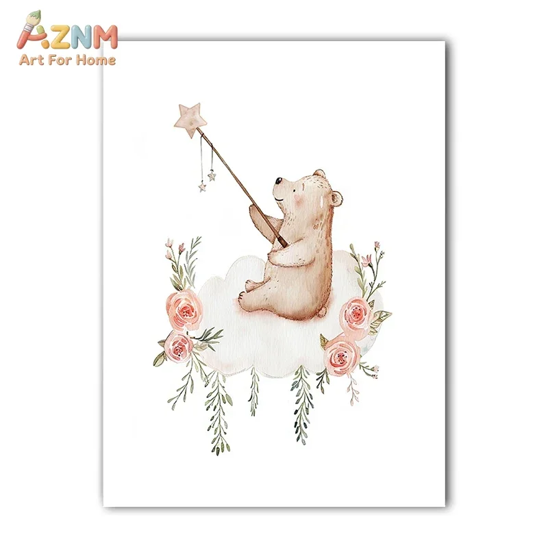 AZNM Watercolor Cute Bear Canvas Wall Art Floral Cloud Star Bear Art Print Neutral Baby Nursery Kids Room Decor Poster