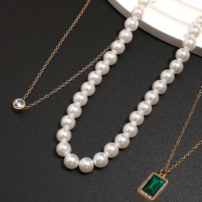 3pcs/set Imitation Pearl Bead with Inlaid Green Synthetic Zircon Pendant Necklace for Men's Daily Wear Banquet Jewelry Gifts