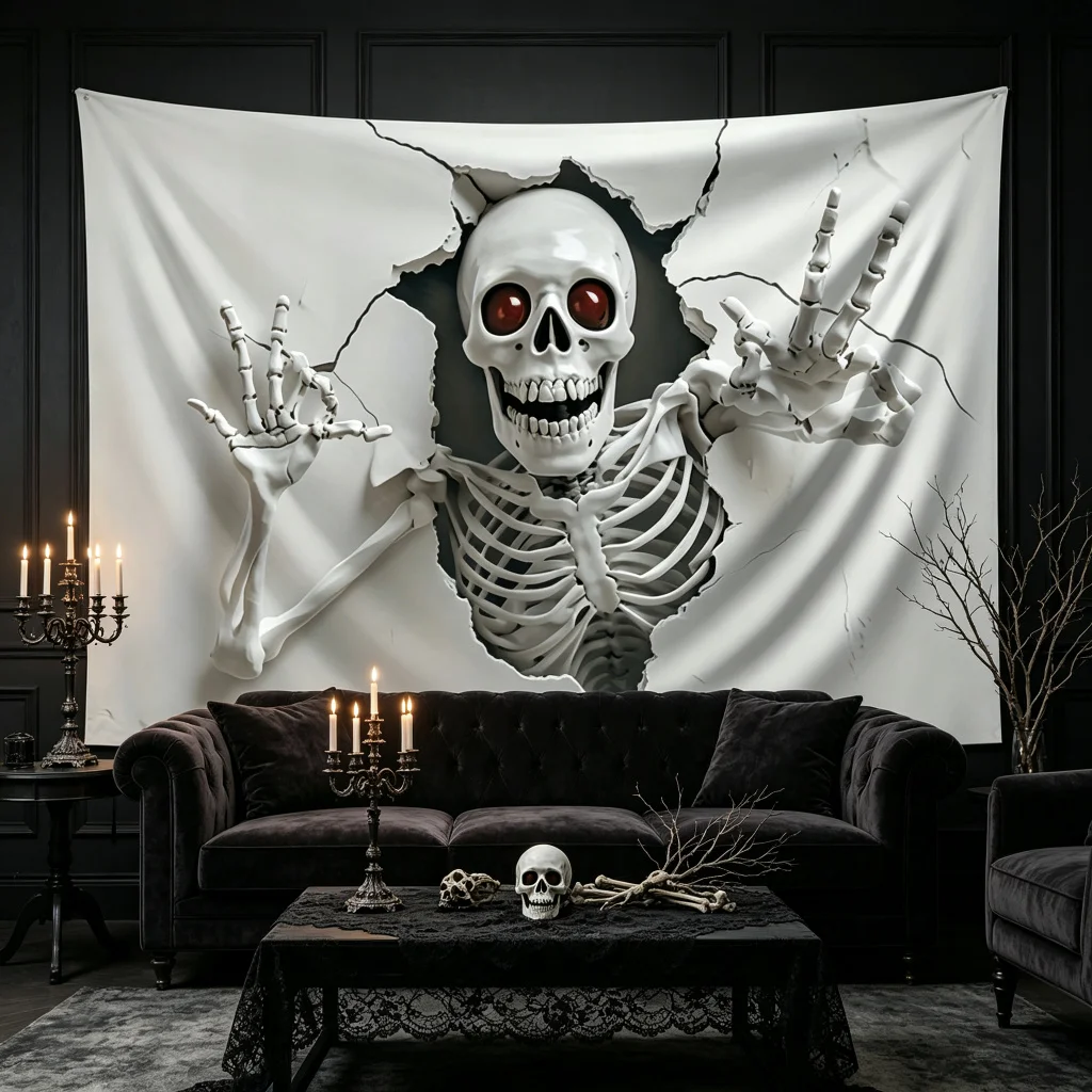 1PC 3D Skeleton Breaking Through Wall Print Backdrop Banner, Bedroom Living Room Kitchen Photo Background, Wall Art, Polyester