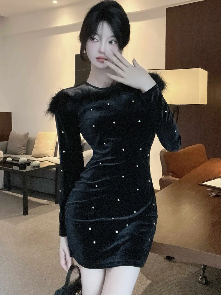 Vestido corto coreano Vintage Hepburn para mujer, minivestido Sexy transparente de terciopelo negro con diamantes, vestido elegante de fiesta de lujo, otoño e invierno, 2024