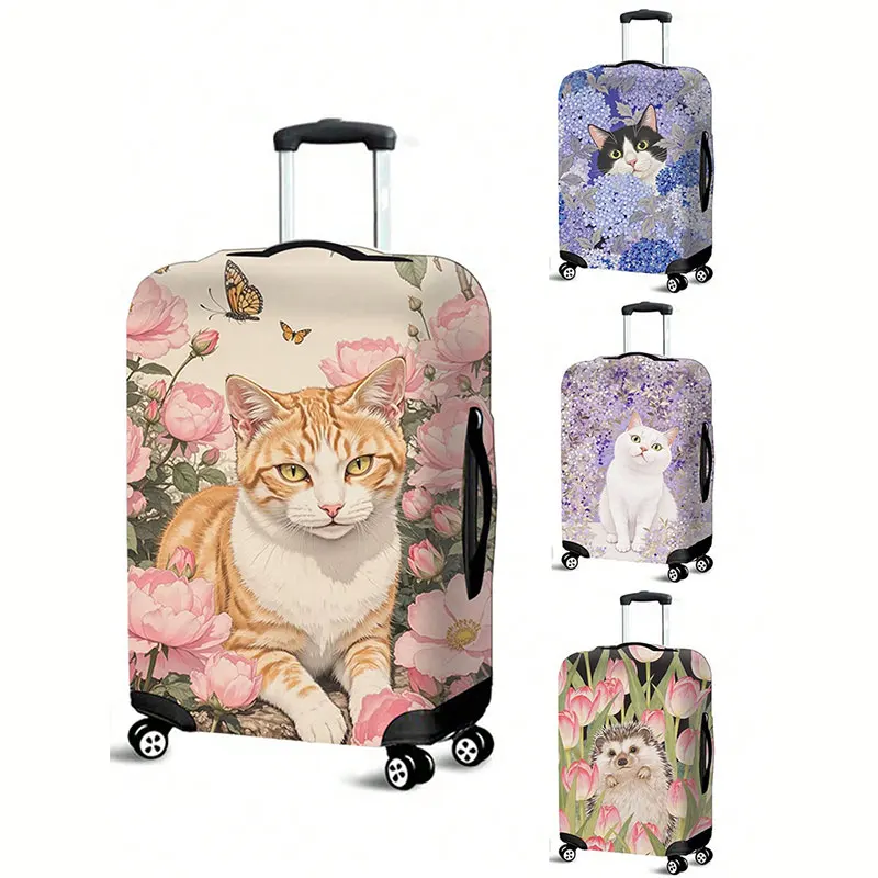 Kawaii Animal Cat Rabbit Hedgehog Print Luggage Cover Floral Suitcase Protective Covers Anti-dust Elastic Trolley Case Cover