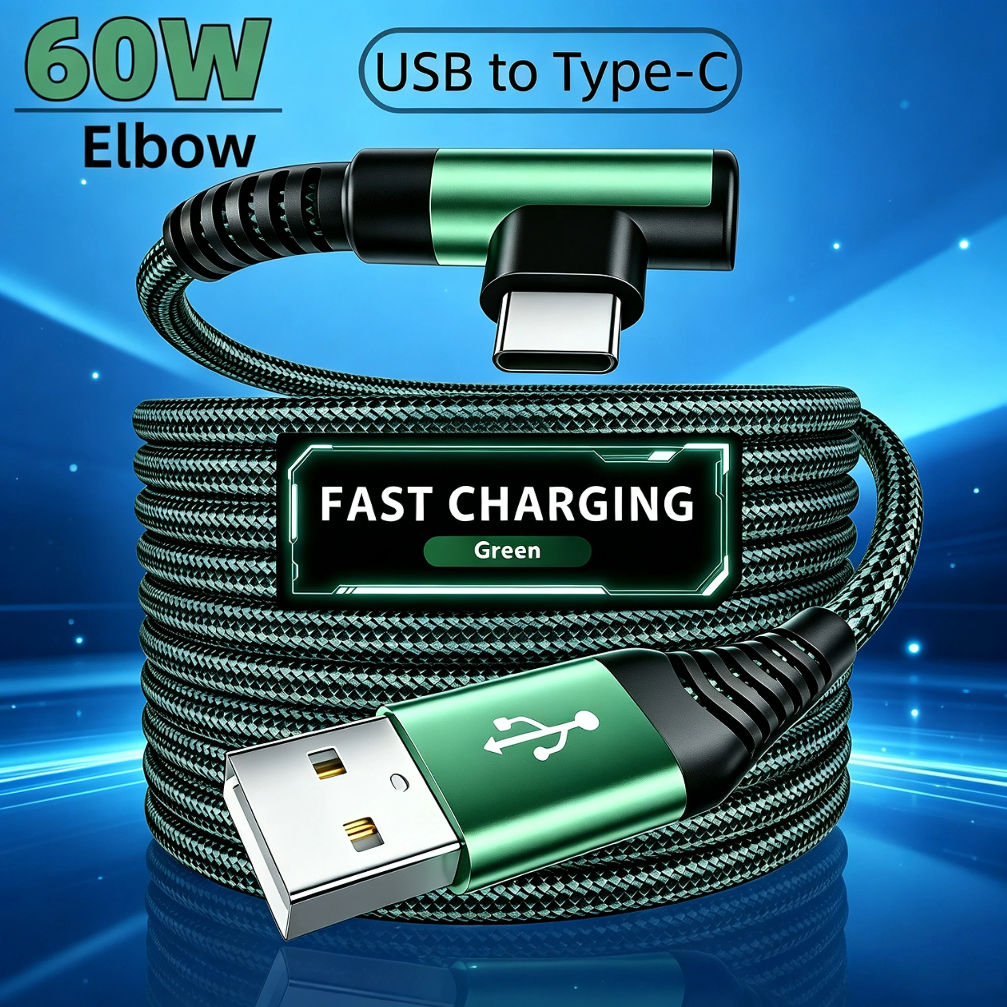 Elbow Data Cable USB A to Type C Fast Charger 90 Degree Angle Charging Cable for Samsung Huawei iPhone Macbook Xiaomi Wire Cord