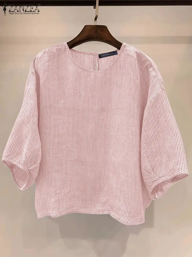 

2024 ZANZEA Fashion O Neck 3/4 Sleeve Loose Shirt Casual Work Blusas Femininas Holiday Tops Tunic Women Summer Striped Blouse