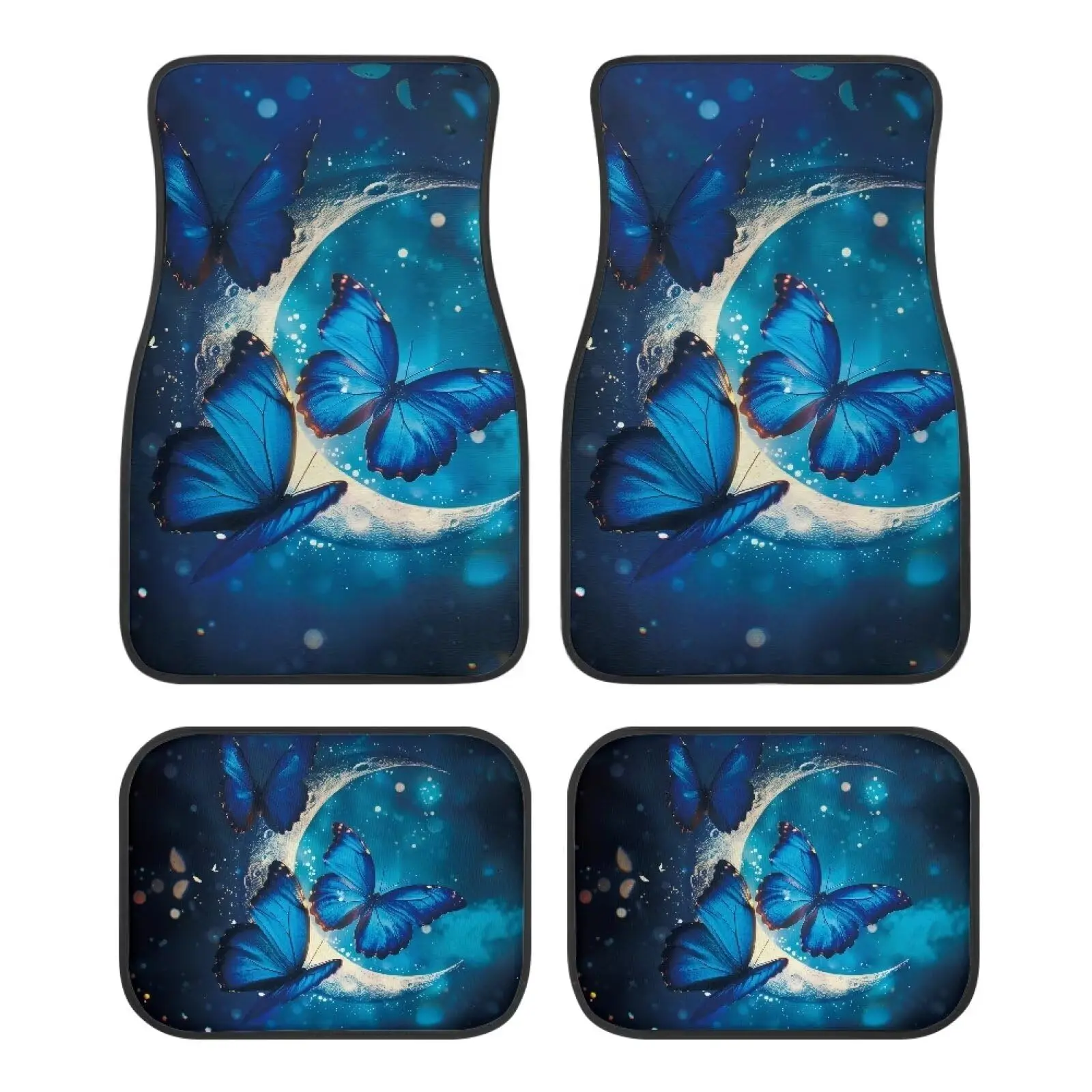 

Blue Butterfly Moon Design All-Weather Car Floor Mats Set Of 4 Anti-Slip Interior Protection Carpet