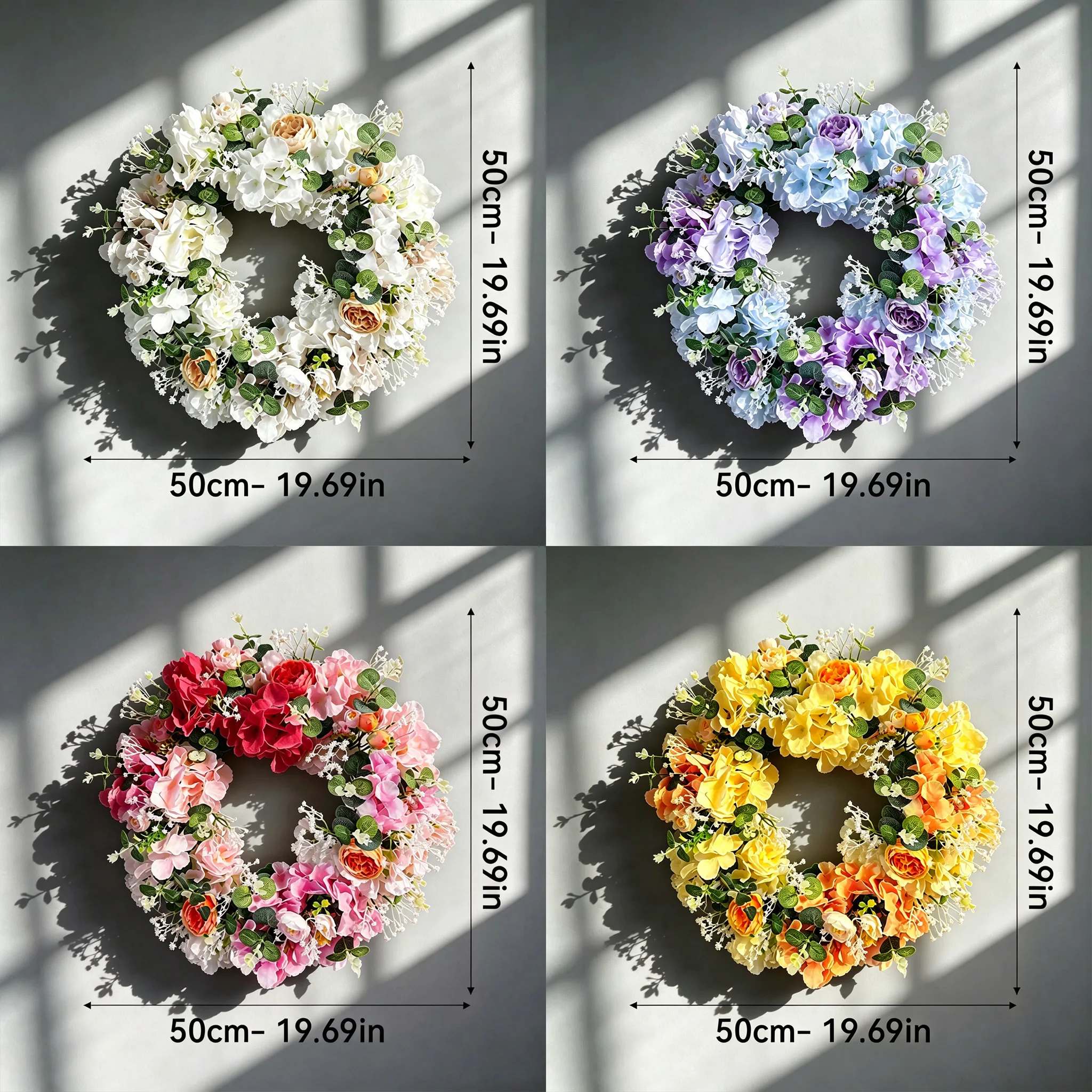 

Macaron Pastel White Pink Yellow Flower Wreath 50cm Artificial Floral Garland for Front Door Wall Wedding and Home Decor