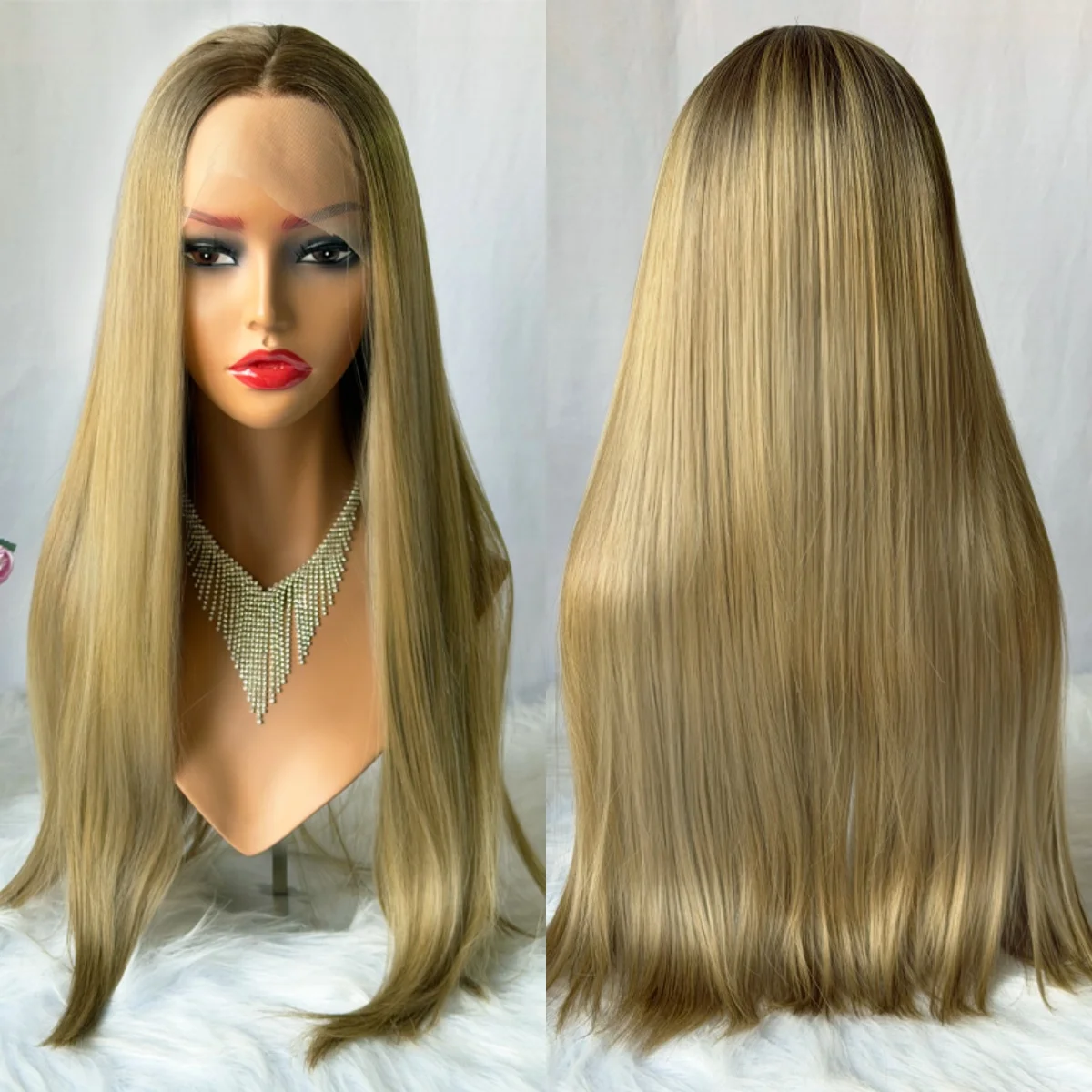 

Ombre Caramel Brown Soft Straight Women's Wig High Quality Long Length Middle Parting 13*4 HD Transparent Lace Wigs 180% Density