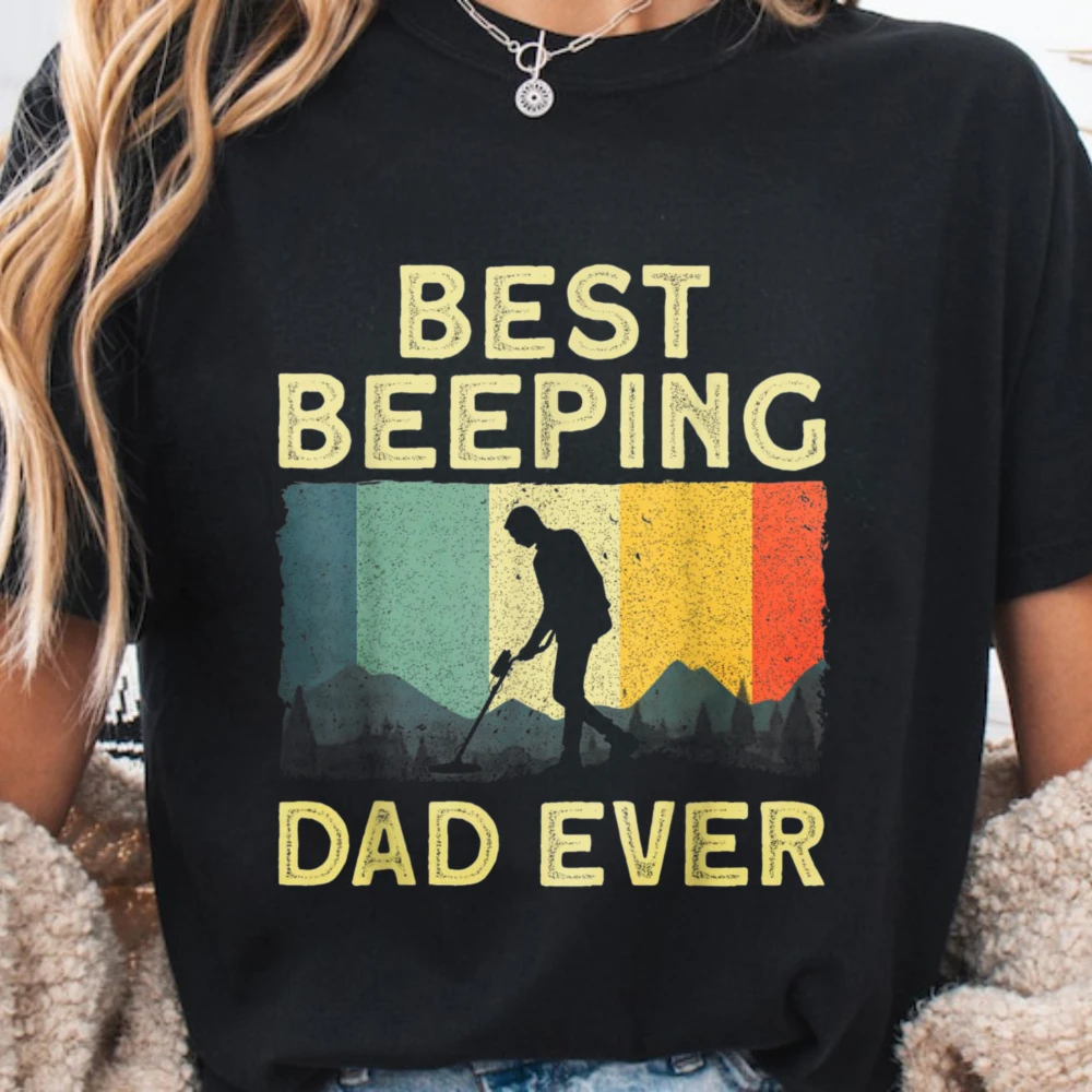 Best Metal Detecting Art for Men Dad Metal Detector Lovers T-Shirt Cotton Tee Retro Sunset Beach Funny Daddy Men Casual Top