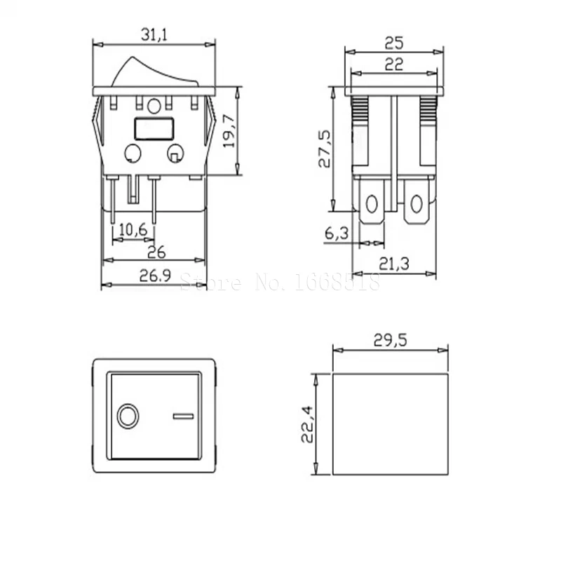 KCD4 AC 30A 250V Rocker Switch 25x31mm ON-OFF 2 Position 4/6 Pins With Light Power Switch