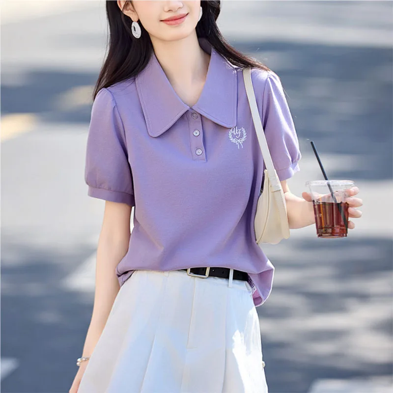 

Fashion Lapel Embroidery Puff Sleeve Polo Shirts Female Clothing Summer New Loose Short Sleeve Casual Tops Korean T-Shirts