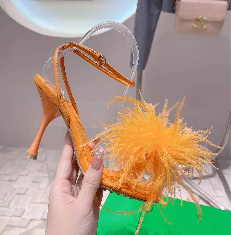 Ostrich Hair Gladiator Sandals Woman 2023 Sexy Ankle Strap Thin Heel Feather Sandals Ladies Summer Party Shoes Celebrity Sandal