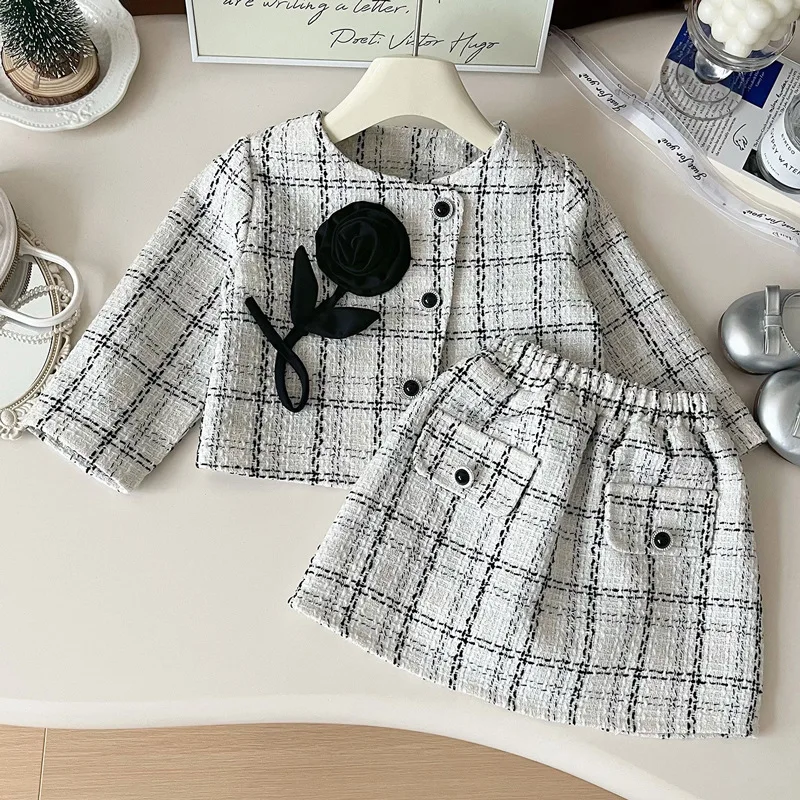 2025Spring New Girls' Outfit Set with 3D Flower Jacket and Plaid Skirt Two-Piece Set