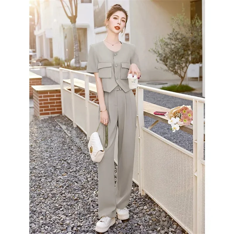 Leisure Fashion Set Women\'s 2023 Summer New Style Short Sleeve Top Wide Leg Pants Suit Two Piece Suit Female High-Quality Gray