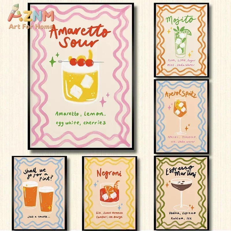AZNM Colorful Cocktail Recipe Canvas Wall Art, Retro Drink Bar Cart Mojito Negroni Art Print, Unframed Canvas Painting for Kitch