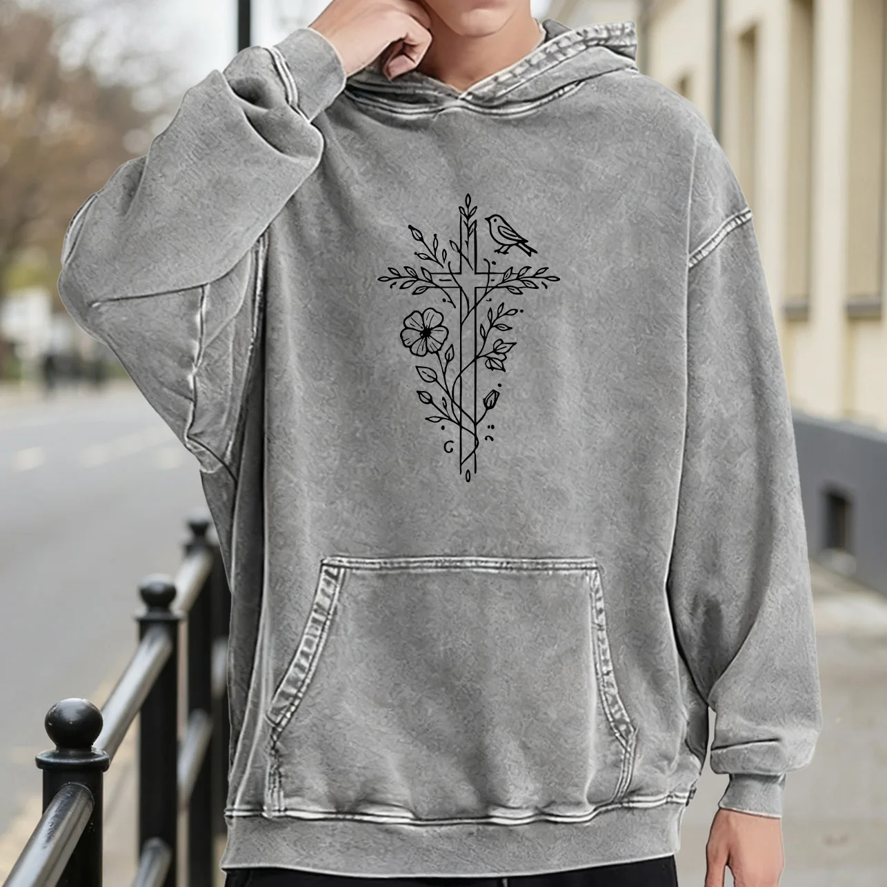 Cross and Bird Men's Vintage Washed Graphic Hoodie, Retro Distressed Pullover, Streetwear Casual Sweatshirt
