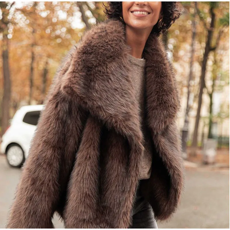 Dunkelbrauner Kunst pelz langer Mantel einreihige Damen Fleece jacke Trenchcoat 2023 Winter flauschiger Plüsch warmer Mantel neu – Detail 31
