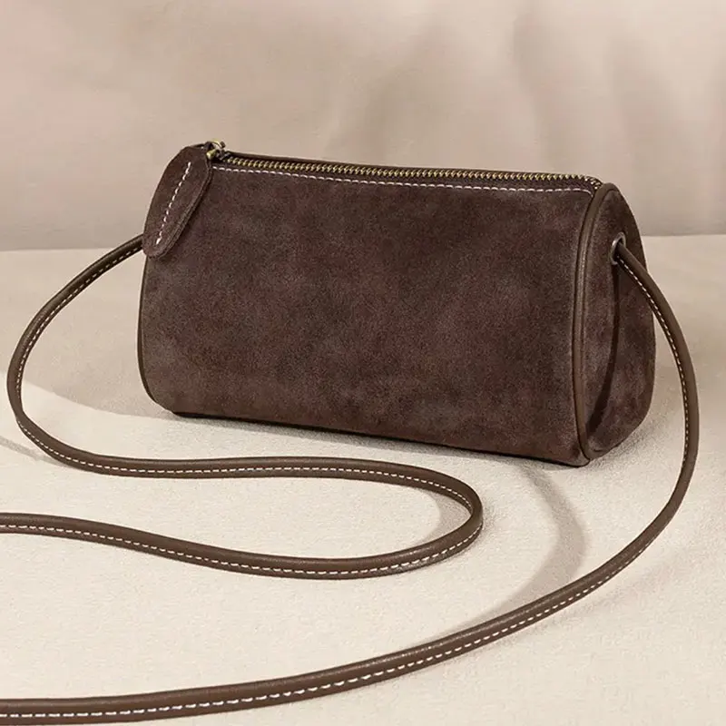 NamcheBarwa Melard Wind Suede Pu Women's Bag Retro Round Cylinder Matte Business Single Shoulder Cross-Body Bag Boston Bag