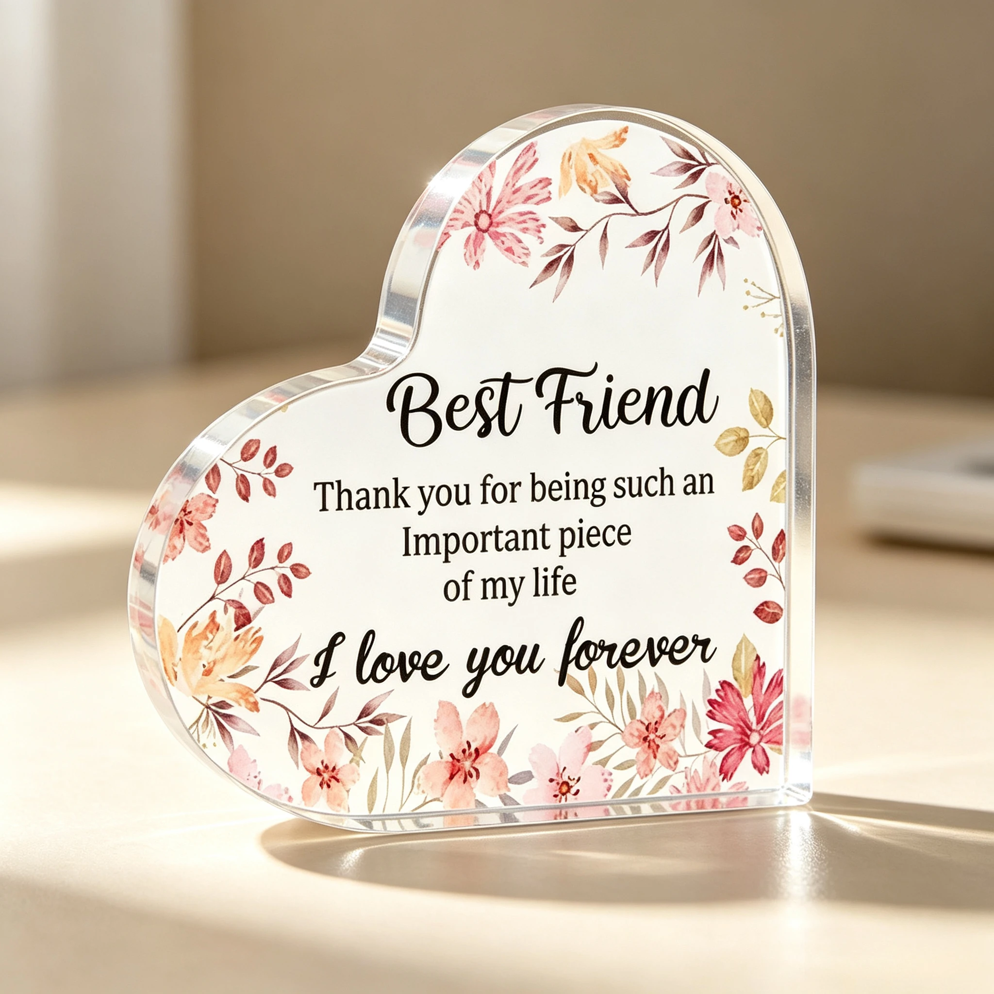 Heart‑Shaped Acrylic Plaque Best Friend Thank You For Being Such An Important Piece Of My Life I Love You Forever Watercolor Floral Print Freestanding Table Ornament Bestie Friendship Gift Desk Shelf Home Decor Keepsake Present