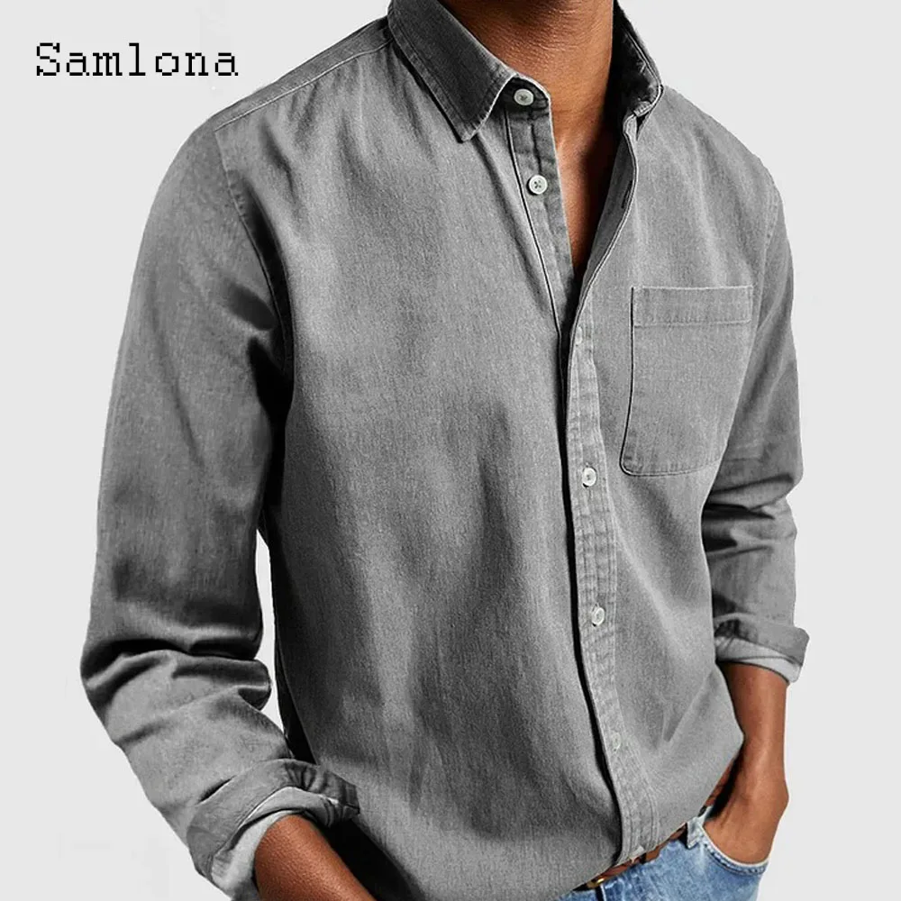 Men\'s Stand Pocket Casual Shirts Clothing 2024 Single Breasted Top Khaki Black Soft Blouse Men Long Sleeves Fashion Shirt blusas