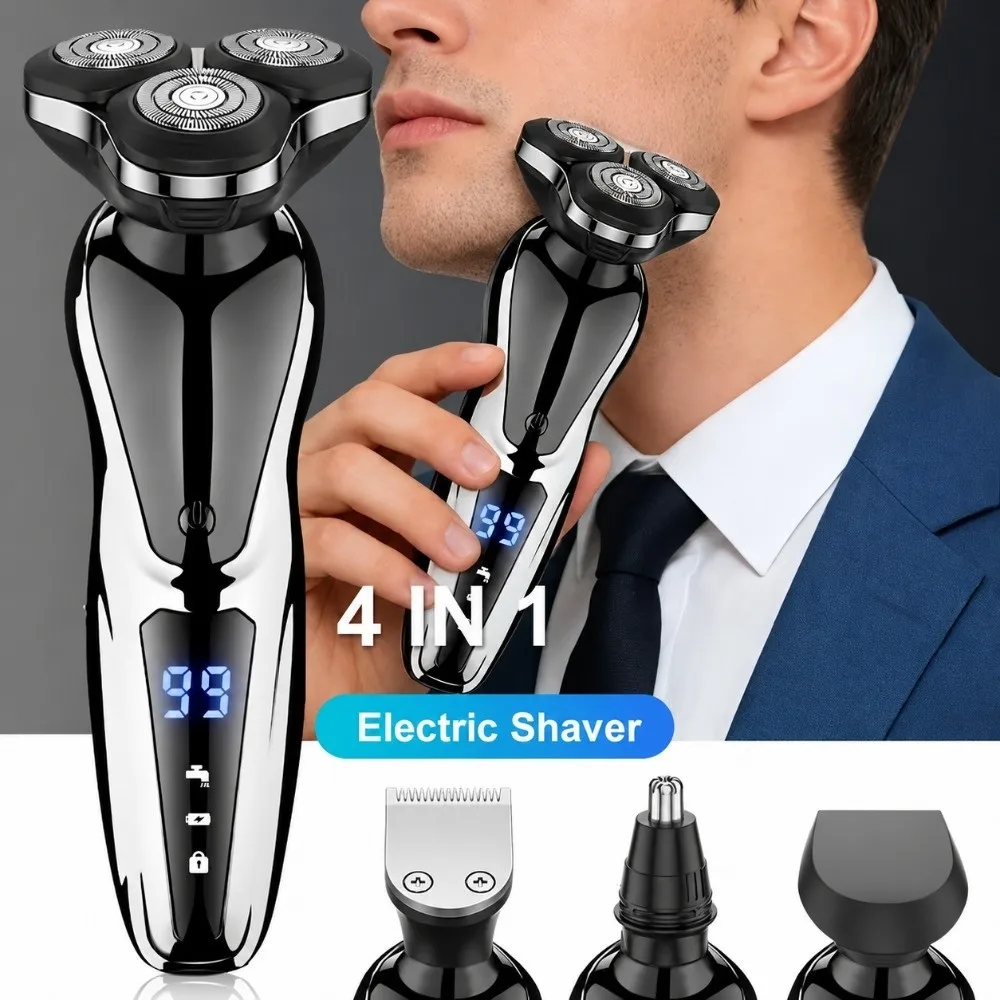 Triple Shaving Heads Electric Shaver LCD Display Interchangeable Attachments 4 In 1 Shaver Ergonomic Handheld