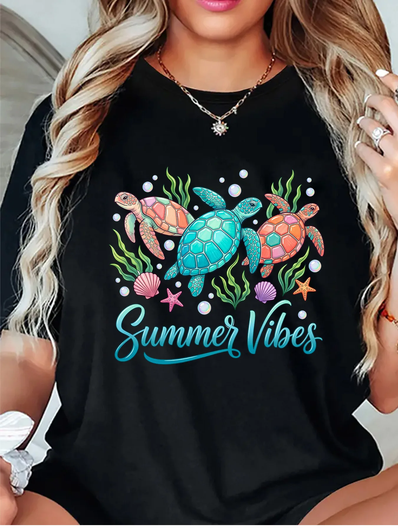 Colorful Sea Turtles Seashell Starfish Summer Vibes Ocean Graphic Womens T Shirt Short Sleeve Crew Neck Casual Ladies Tee Tops