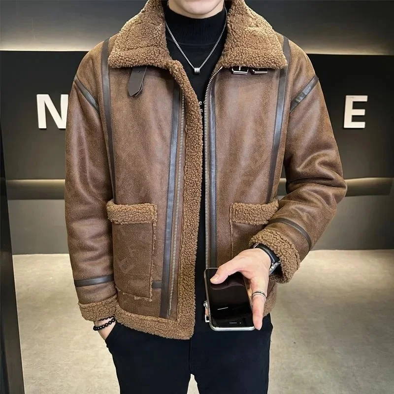 

Leather Fur Integrated Jacket Men Spring Winter New Lapel Plush Thick Outdoor Trekking Riding Camping Travel Fleece Coat