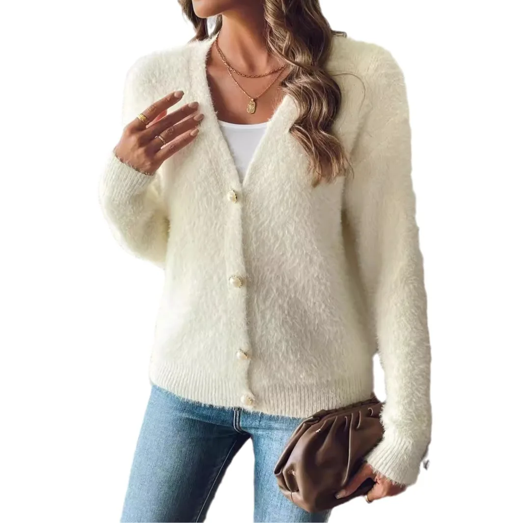 

Women's imitation mink coat autumn and winter pearl buckle four-grain buckle machine-woven sweater cardigan