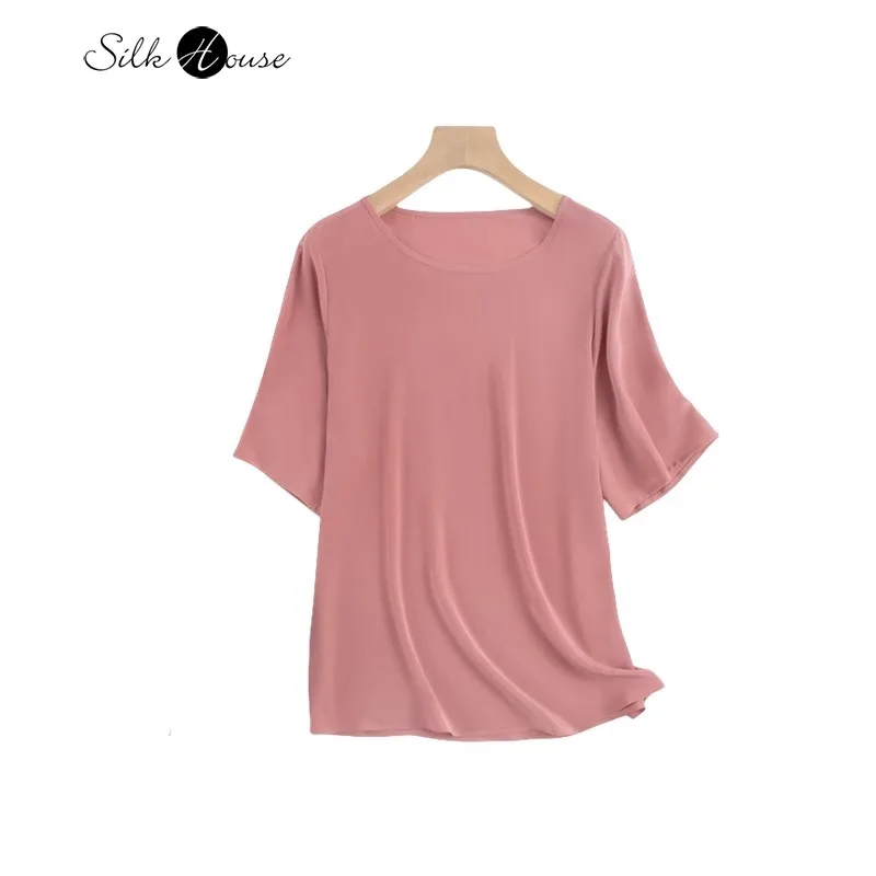 

2024 Women's Casual Summer New 03 Sandwashed 100% Natural Mulberry Silk Crepe De Chine Pink Round Neck Versatile T-shirt