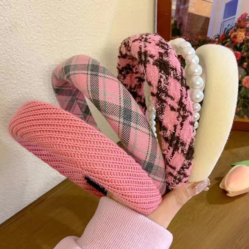

Y2K Pink Headband For Women Girls Retro Velvet Plaid Tweed Hairband Swallow Gird Hair Accessories Hair Band Hoop Christmas Gift