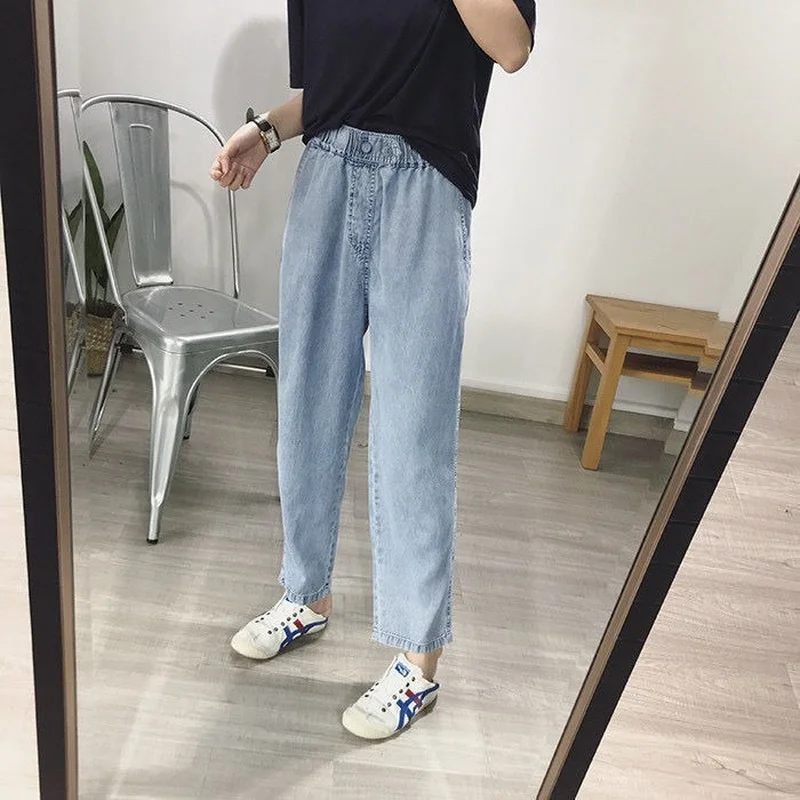 

Джинсы-шаровары женские летние милые до щиколотки винтажные студенческие свободные модные карманы шикарные мягкие эластичные талии повседневные Ulzzang